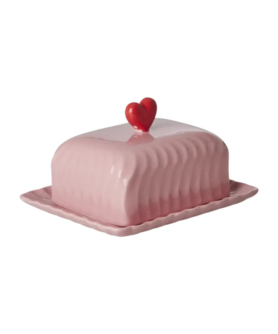 Beurrier en céramique rose et coeur rouge de la marque danoise Rice