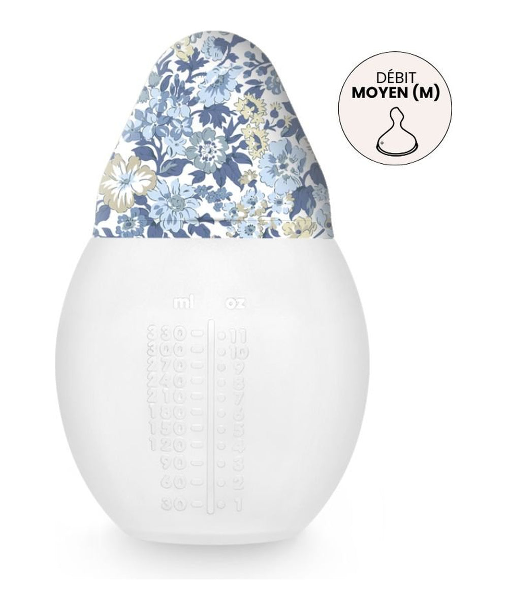 Biberon Élhée 330 ml Liberty Honey Dew Blue fermé et indication du débit moyen M
