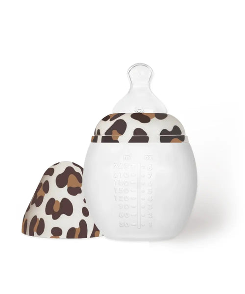 Biberon anti colique en silicone 240 ml elhee graouu motif leopard avec tetine debit moyen.