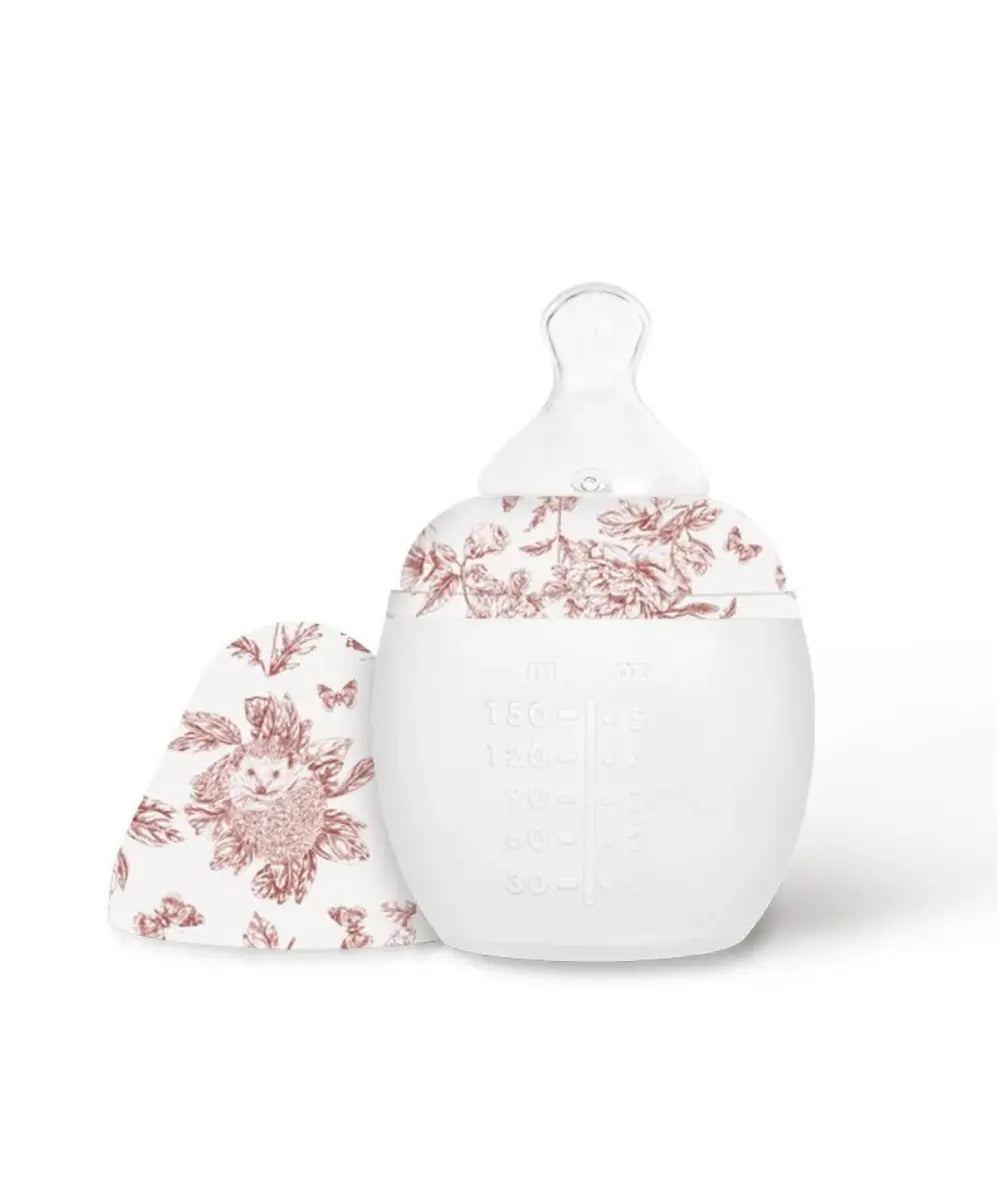 Biberon anti colique en silicone 150 ml elhee x tartine et chocolat toile de jouy rose avec tetine debit lent.