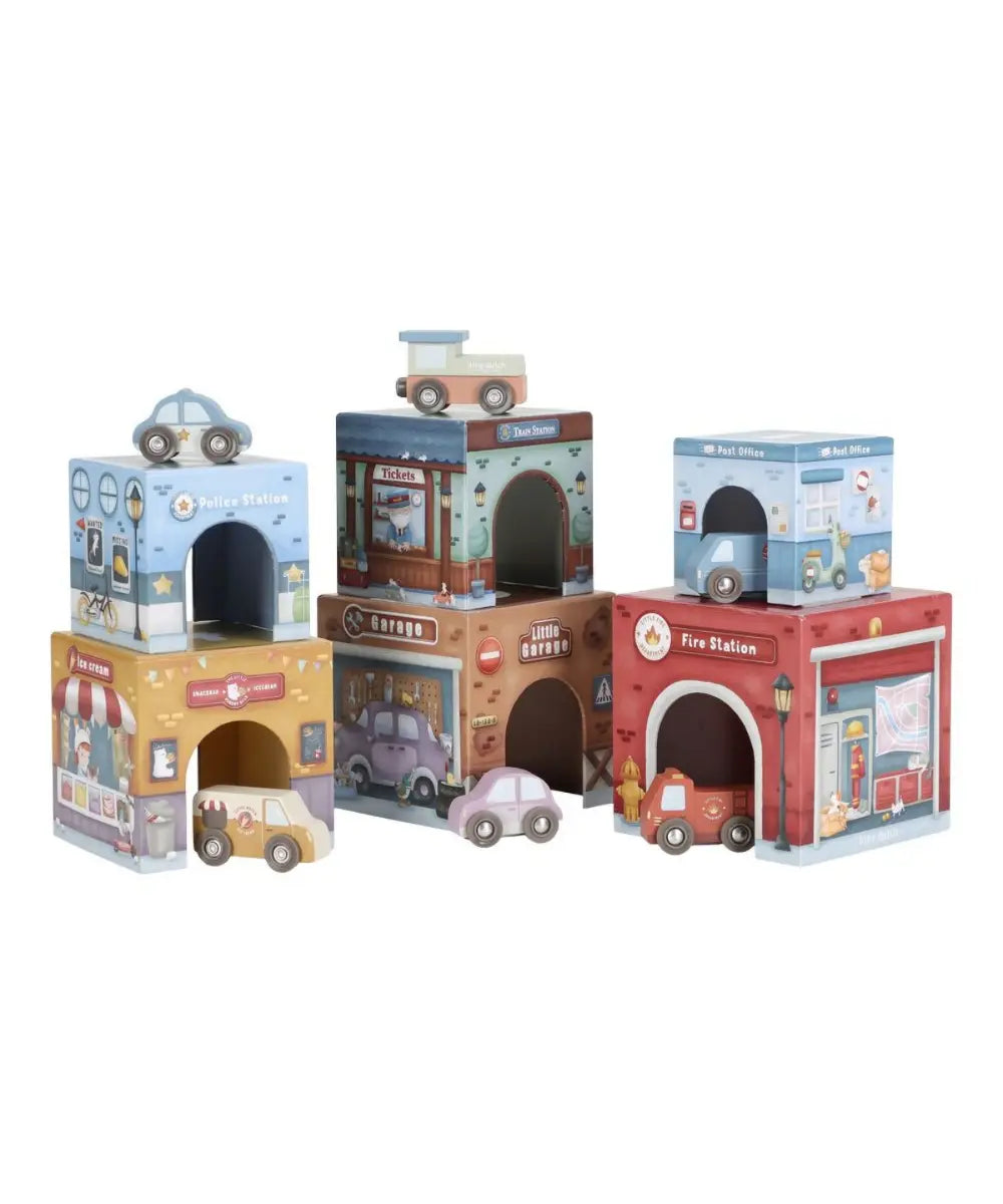 Cubes a empiler et voitures en bois fsc little dutch illustres avec garages et petits vehicules.
