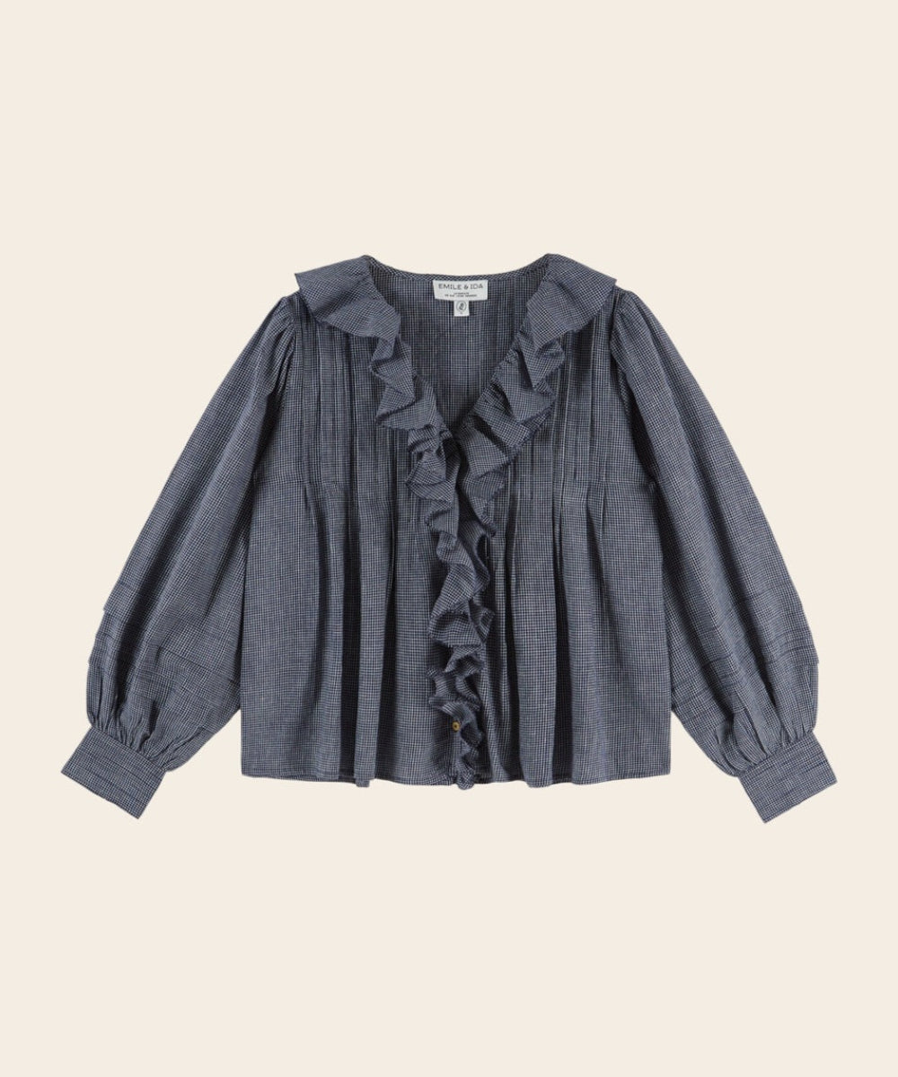 Blouse Carreaux Khadi Marine sur fond blanc sur fond blanc de la marque Émile et Ida