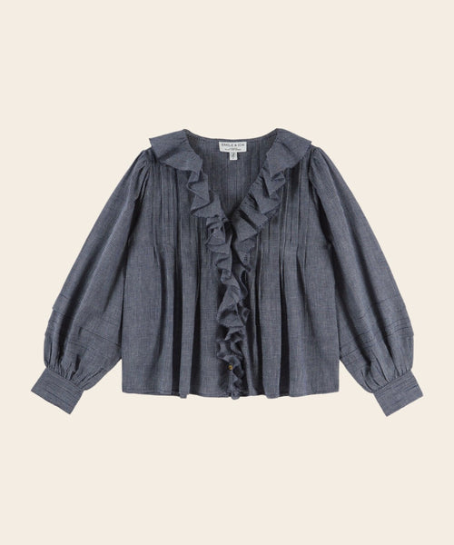 Blouse Carreaux Khadi Marine sur fond blanc sur fond blanc de la marque Émile et Ida