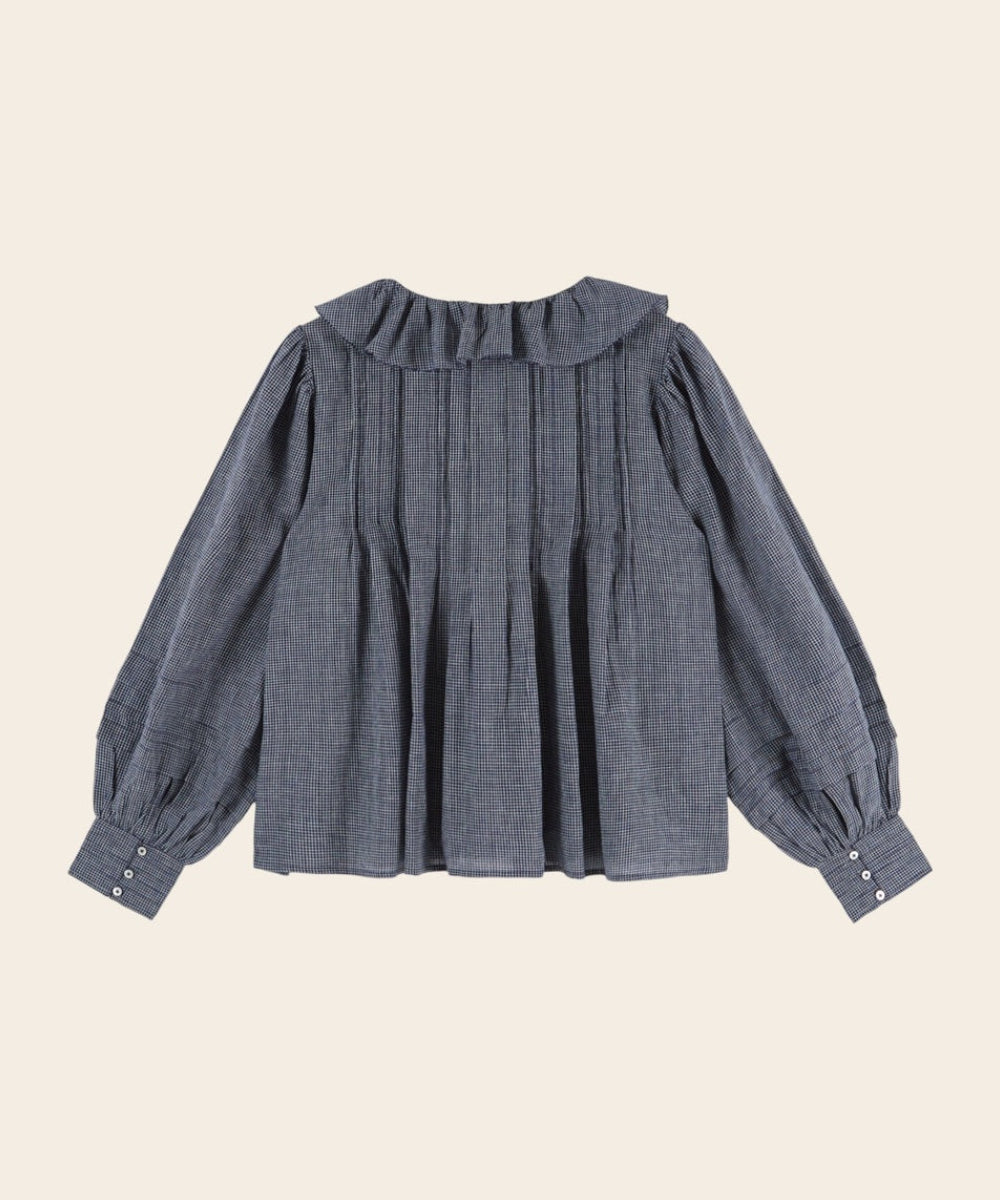 Dos de la Blouse Carreaux Khadi Marine sur fond blanc de la marque Émile et Ida