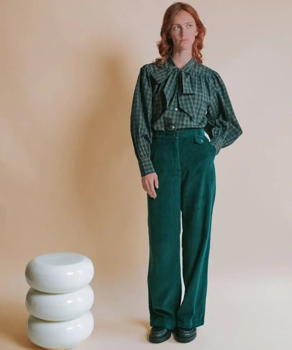 Blouse Col Lavallière Carreaux Vert