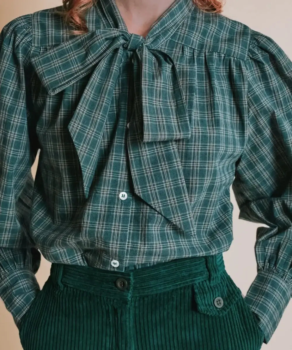 Blouse Col Lavallière Carreaux Vert