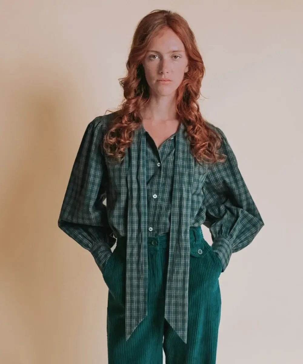 Blouse Col Lavallière Carreaux Vert