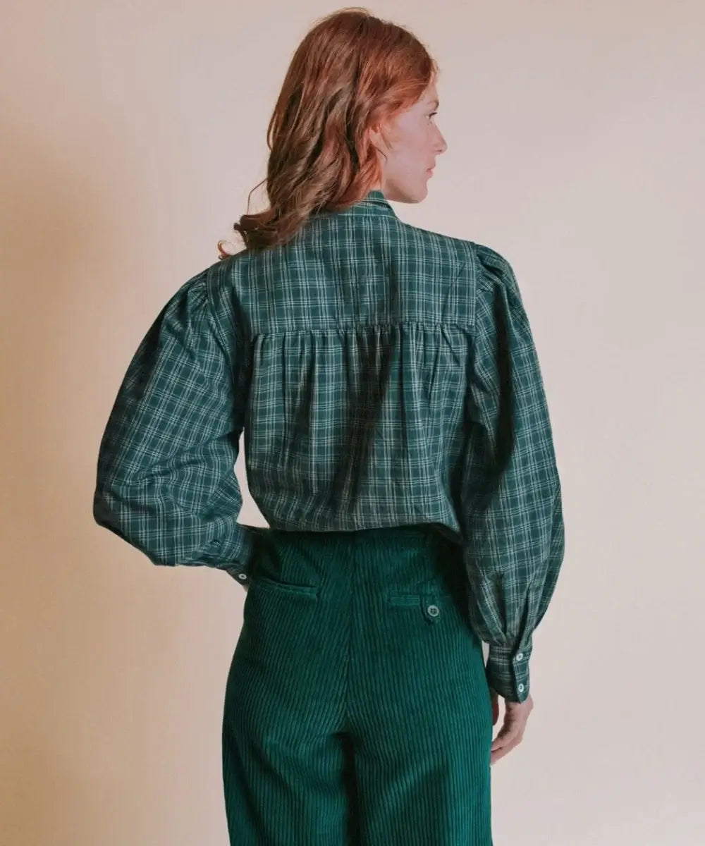 Blouse Col Lavallière Carreaux Vert