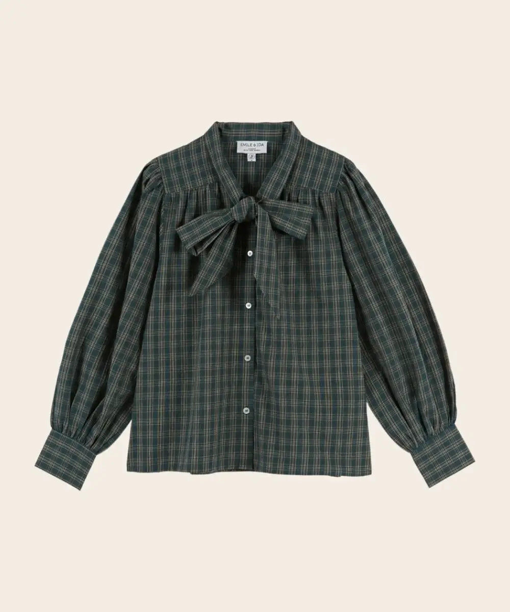Blouse Col Lavallière Carreaux Vert