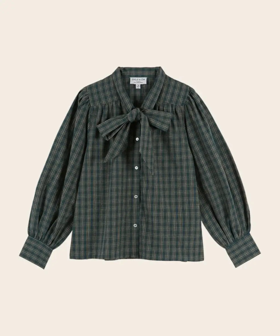 Blouse Col Lavallière Carreaux Vert