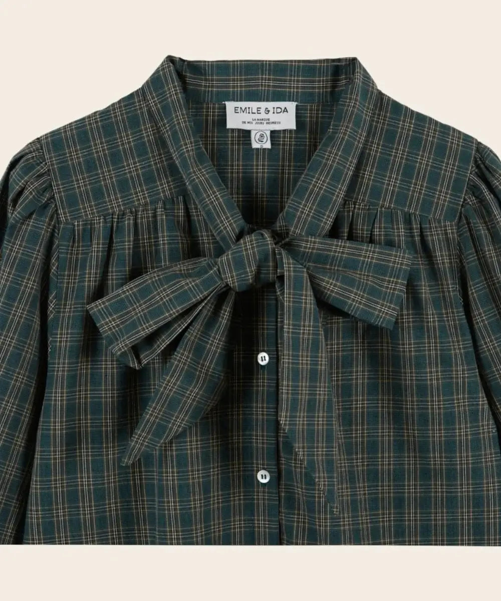 Blouse Col Lavallière Carreaux Vert