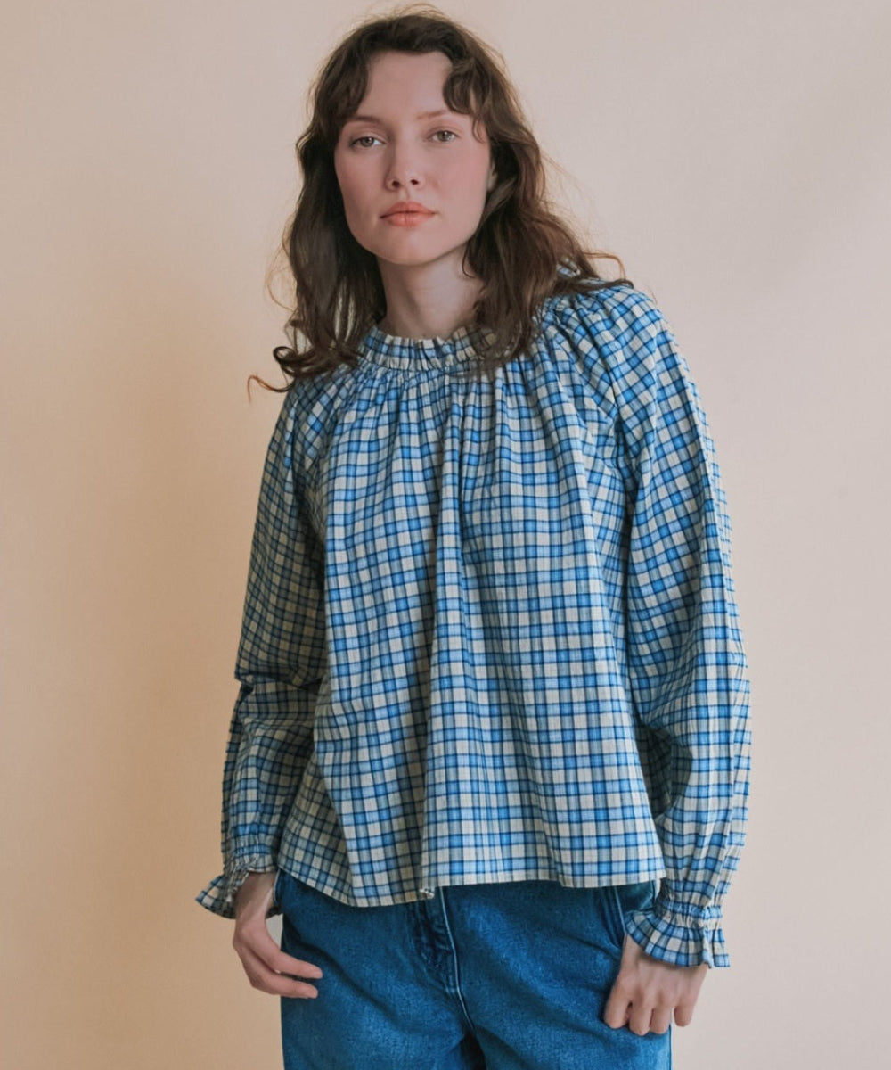 Blouse Oversize Carreaux Bleu Et Beige