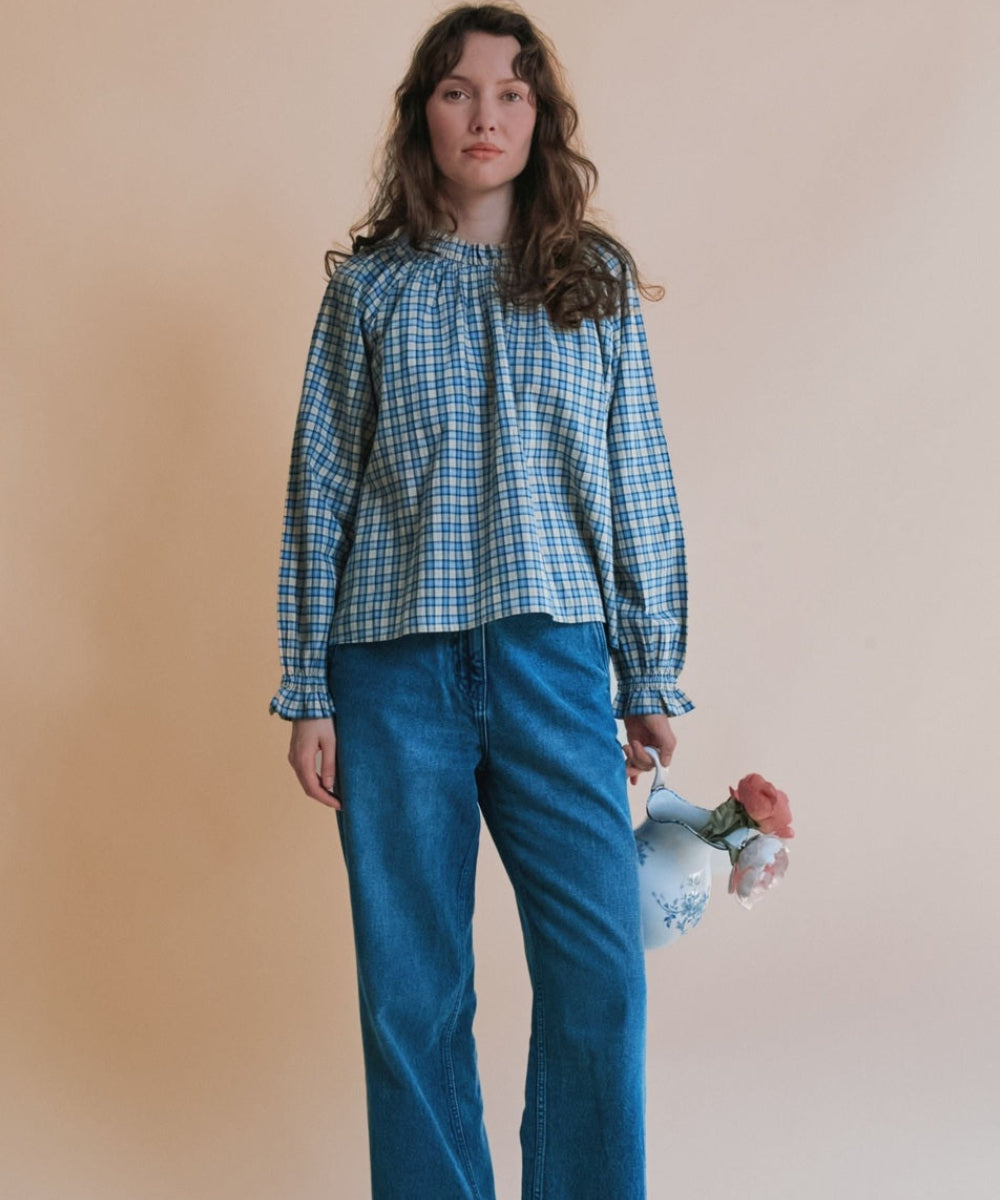 Blouse Oversize Carreaux Bleu Et Beige