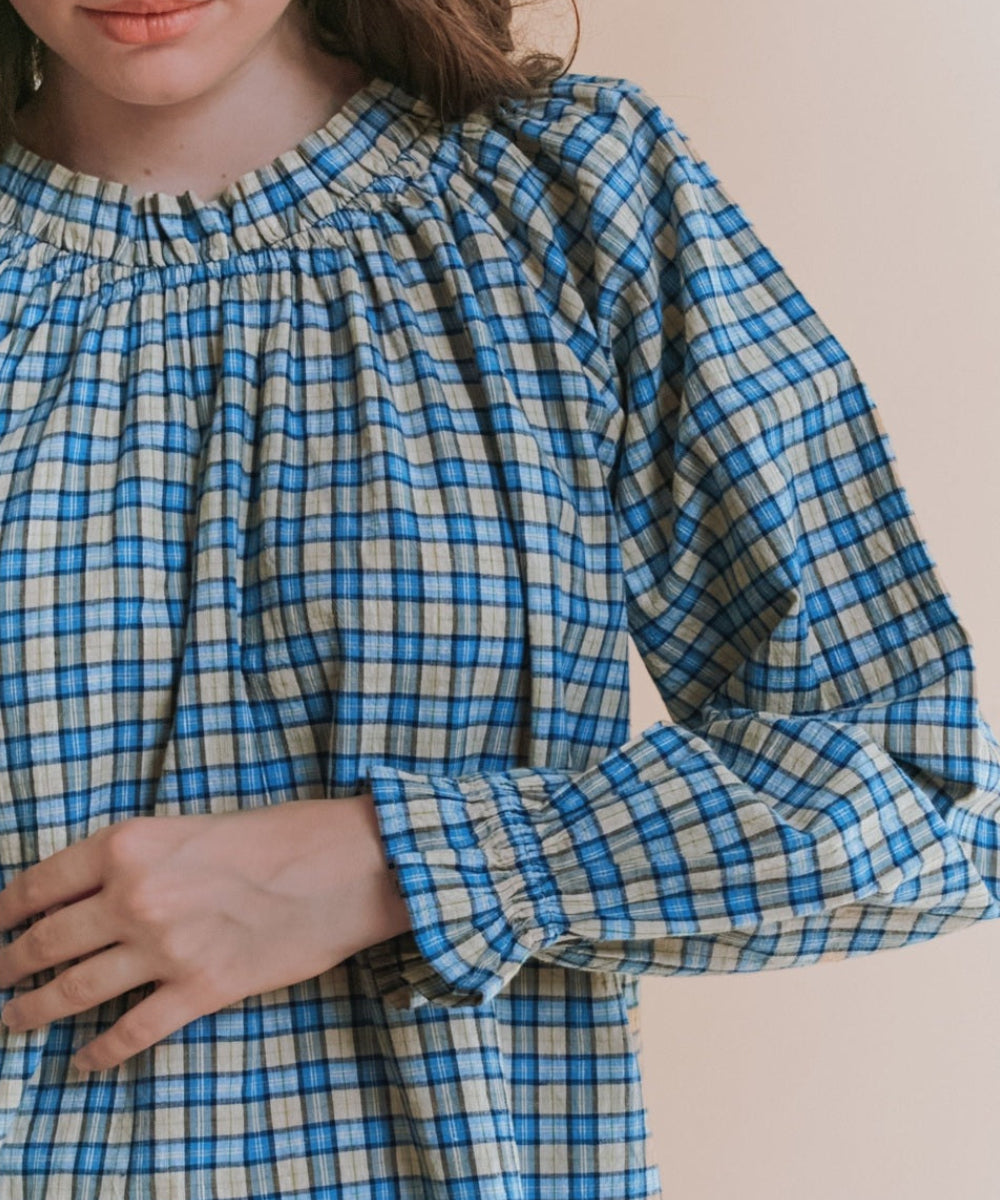 Blouse Oversize Carreaux Bleu Et Beige