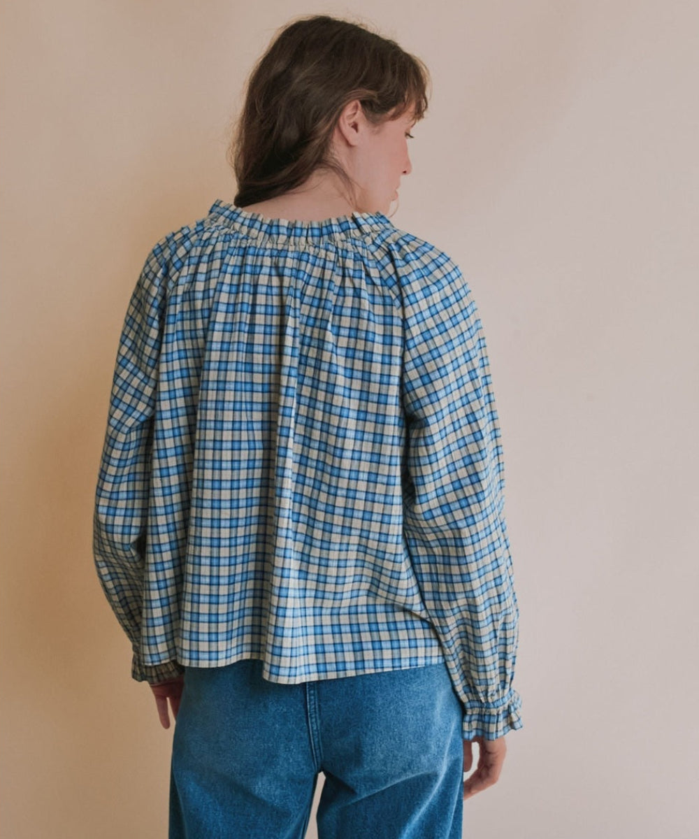 Blouse Oversize Carreaux Bleu Et Beige