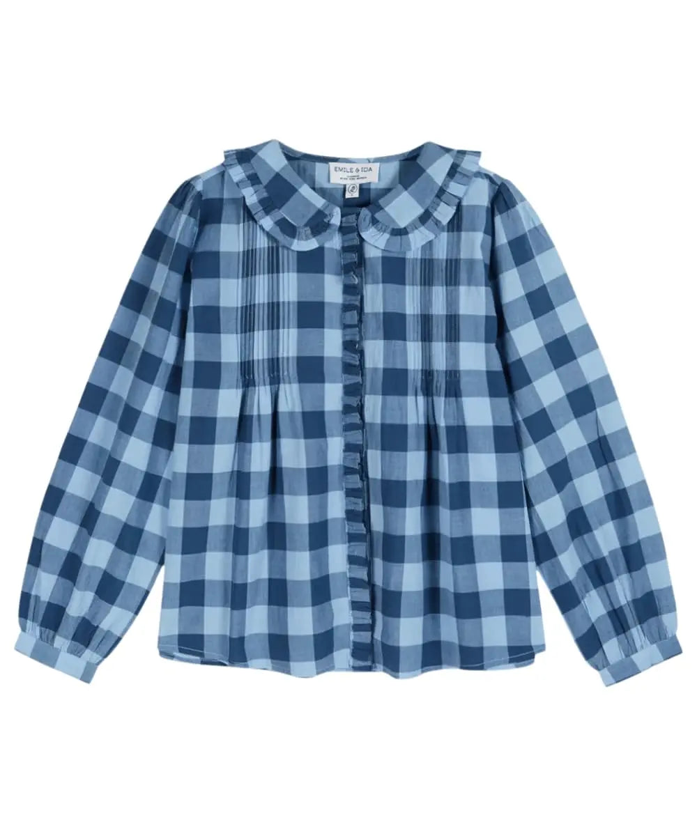 Blouse volanté en coton et à carreaux bleus de la marque française Emile et Ida