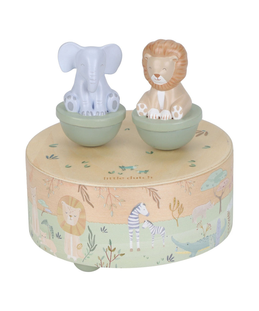 Boîte à musique en bois Safari Friends Little Dutch avec lion et éléphant sur fond blanc