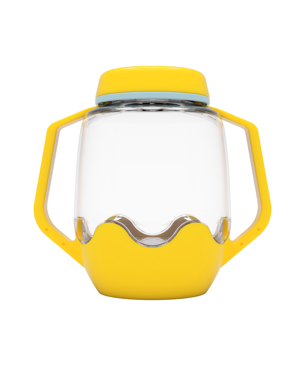 Bocal de jeu sensoriel lumineux jaune Glo Pals sur fond blanc