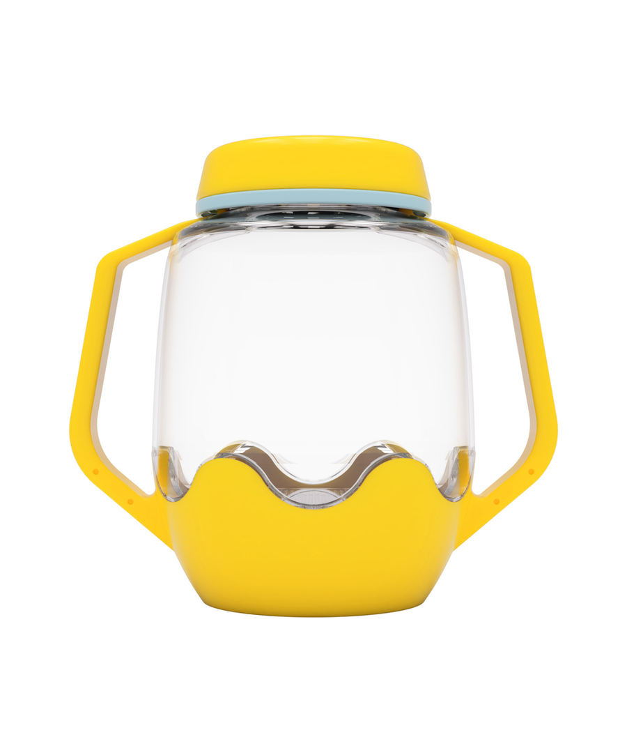 Bocal de jeu sensoriel lumineux jaune Glo Pals sur fond blanc