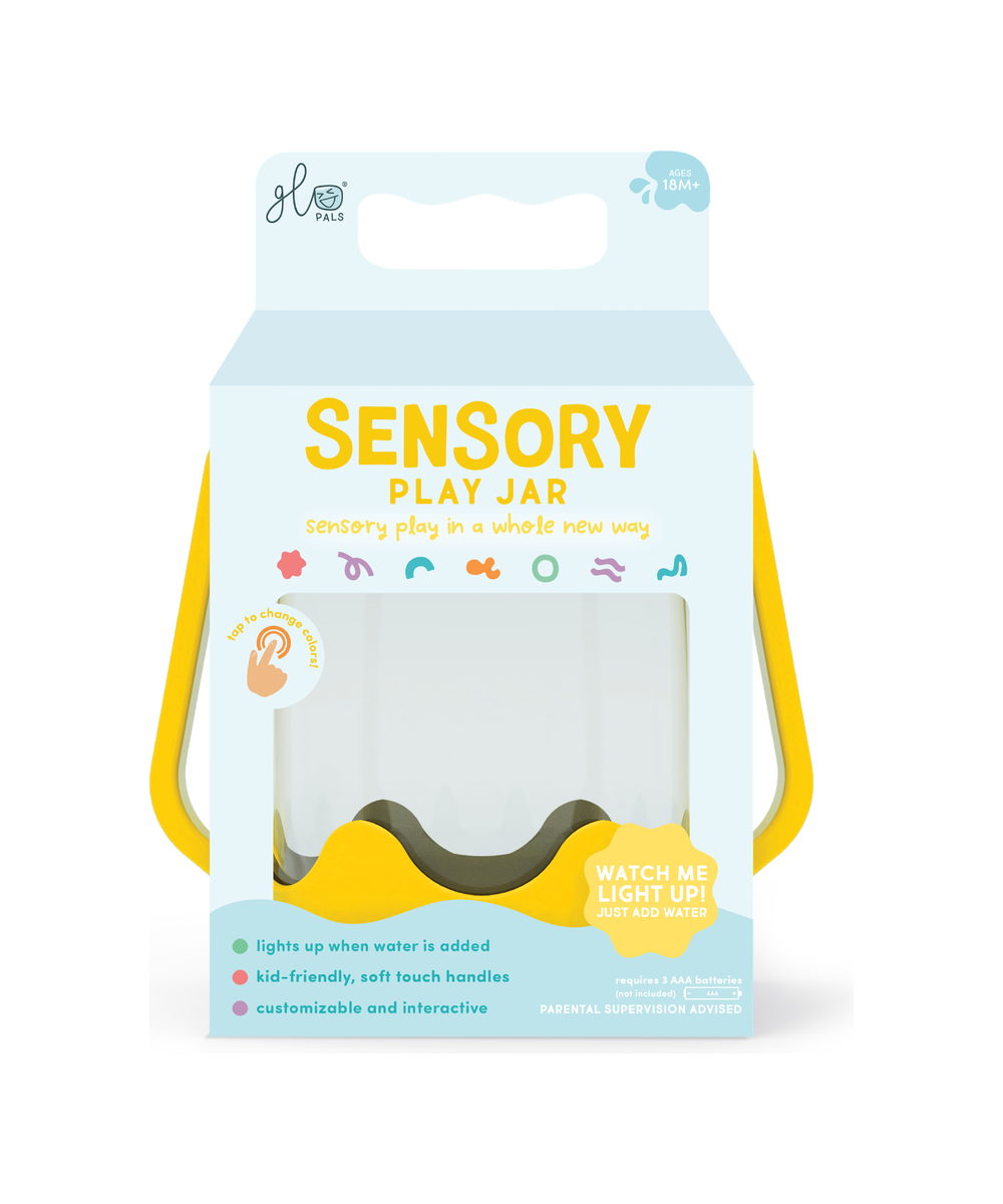 Bocal sensoriel lumineux jaune Glo Pals dans son emballage