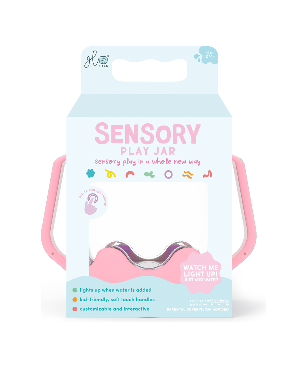 Bocal sensoriel lumineux rose Bubblegum Glo Pals dans son emballage