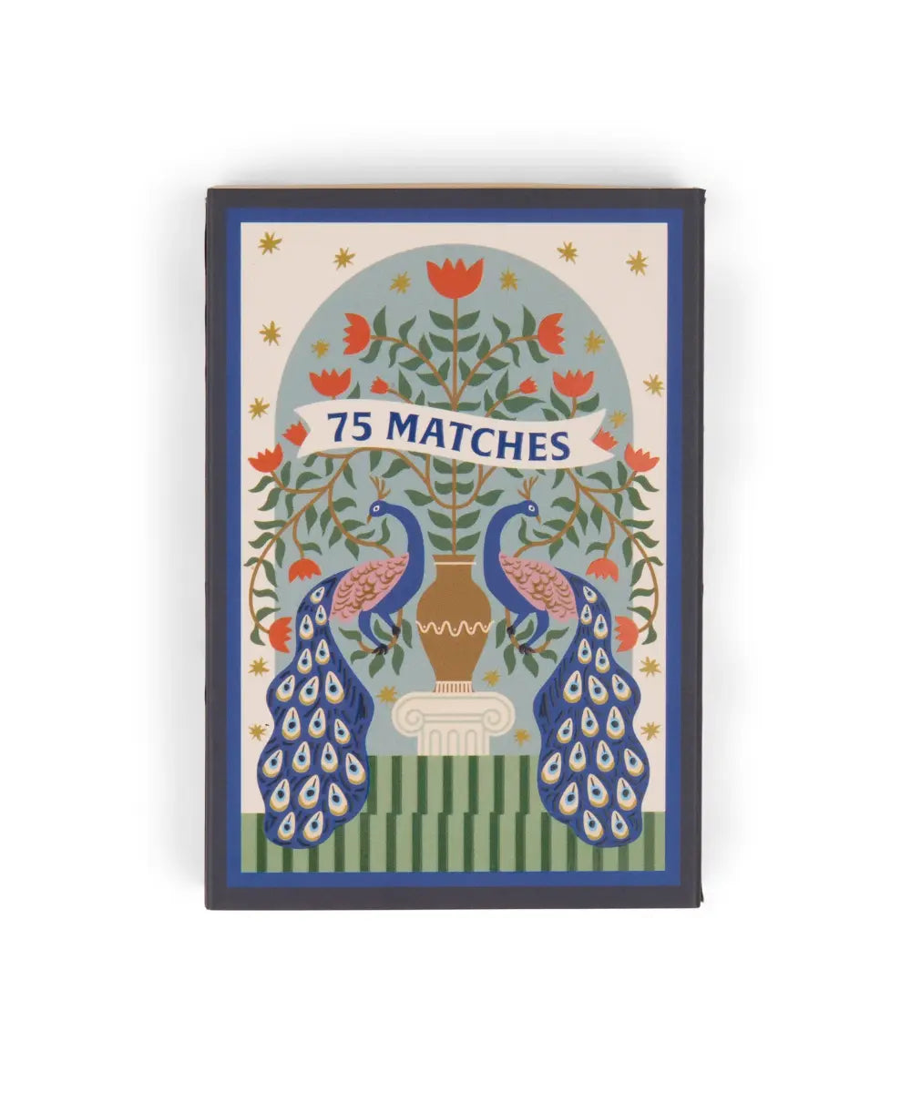 Boite de 75 grandes allumettes a dopo paon paddywax avec embouts bleus et grattoir.