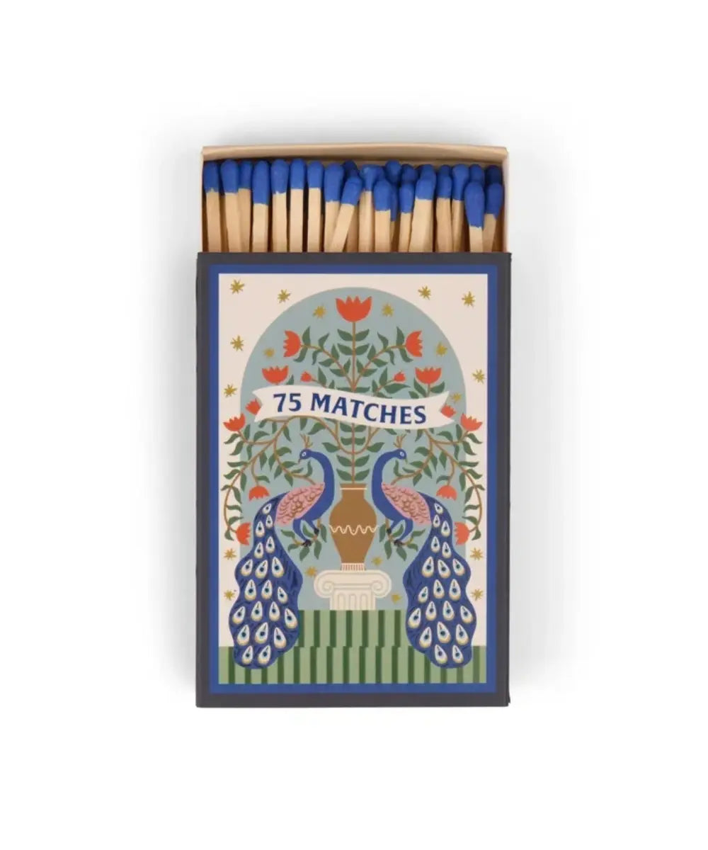 Boite de 75 grandes allumettes a dopo paon paddywax avec embouts bleus et grattoir.