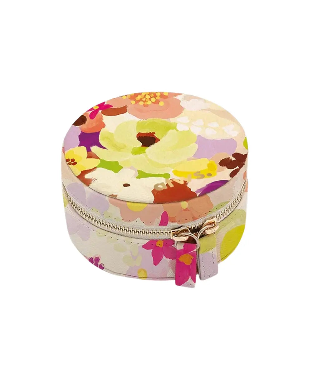 Boite a bijoux de voyage ronde en cuir PU avec motifs fleurs Spring Sweets de la marque française All The Ways to Say