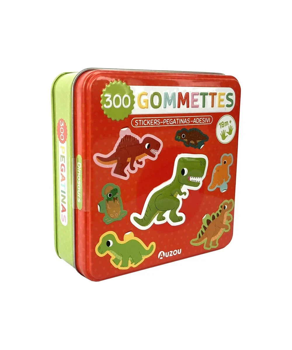 Boîte métal - 300 gommettes dinosaures de la marque Auzou, sur fond blanc