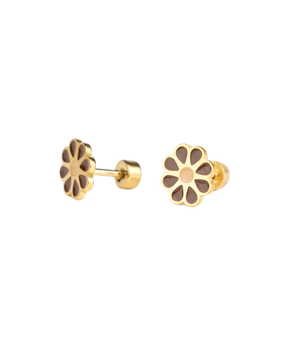 Boucles d oreilles puces pour enfants en acier dore avec dos plat et fermoir a vis anti pique.