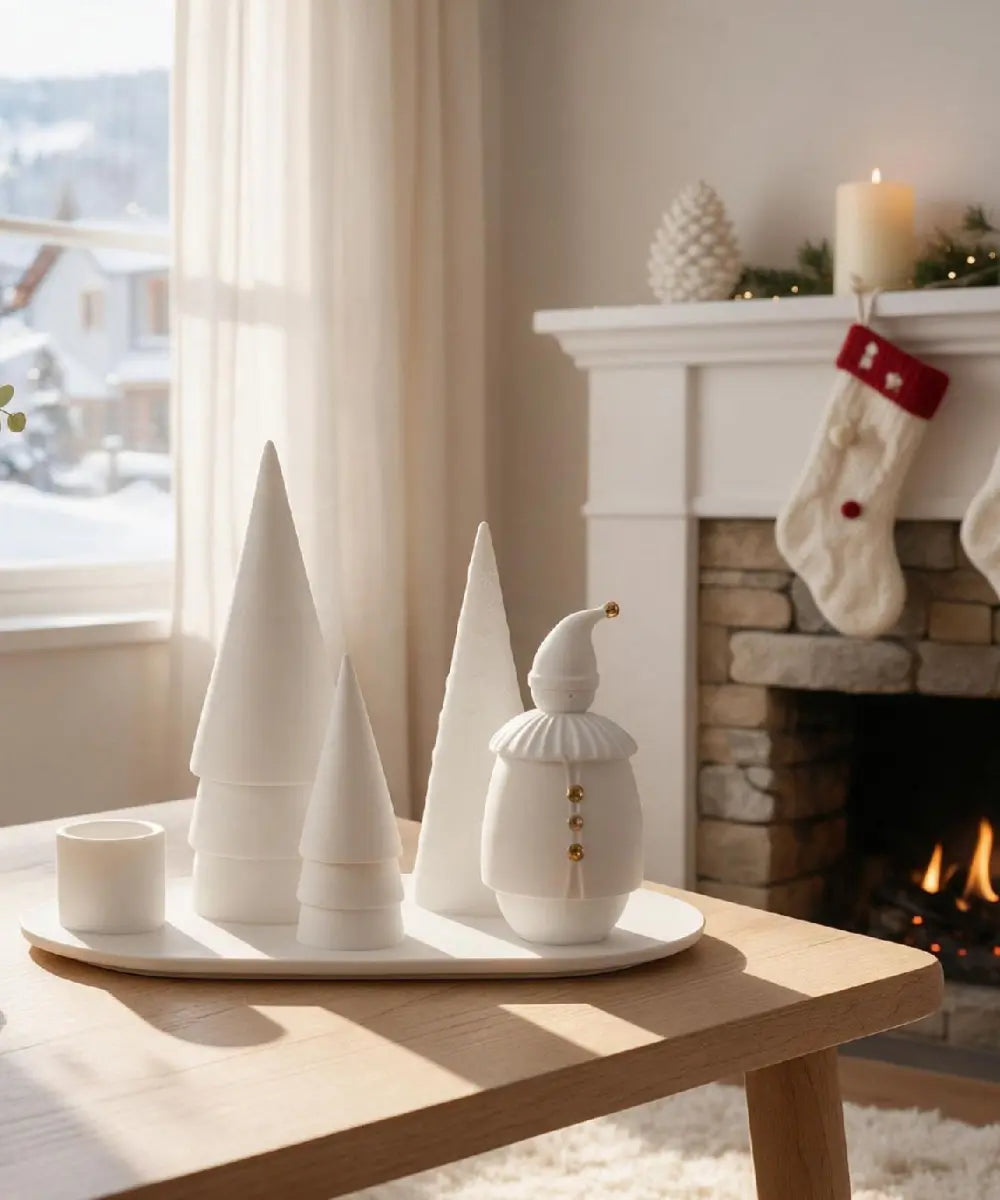 Bougeoir pere noel en porcelaine blanche et details dores par rader.