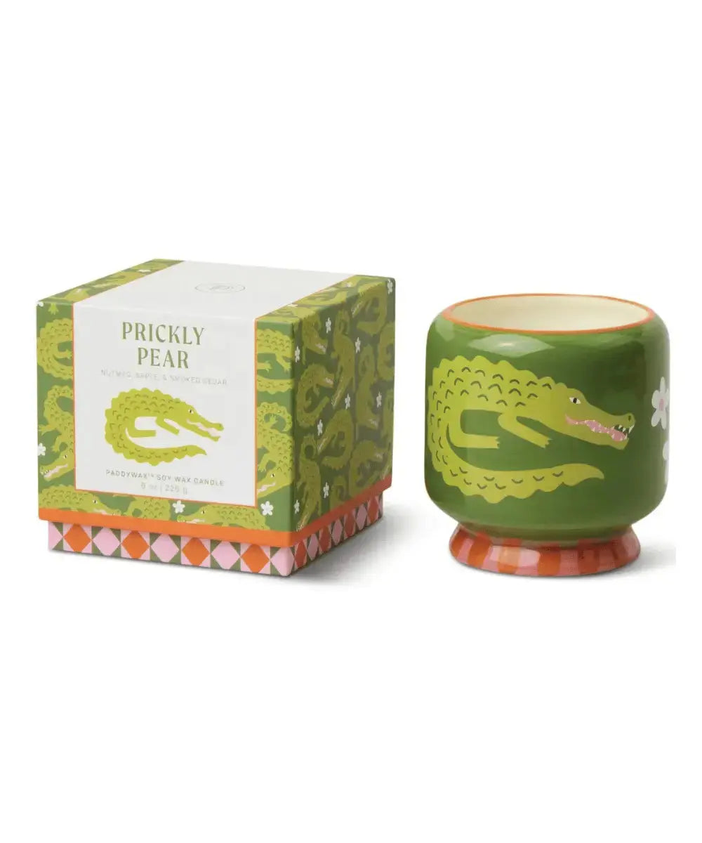 Bougie parfumée Paddywax collection Adopo pot céramique crocodile vert et blanc.