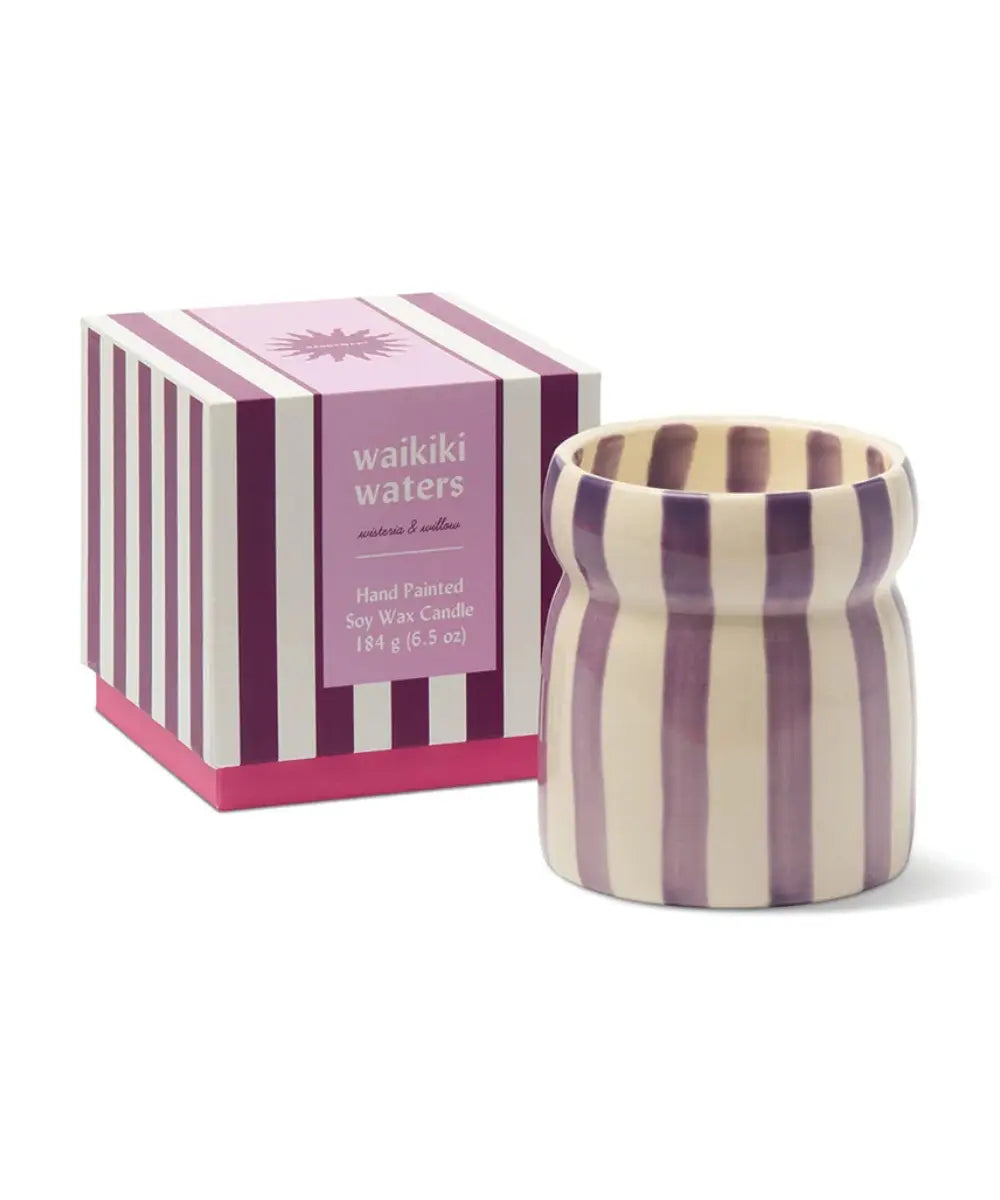 Bougie parfumee en ceramique rayee violet et blanc cabana waikiki waters par paddywax.