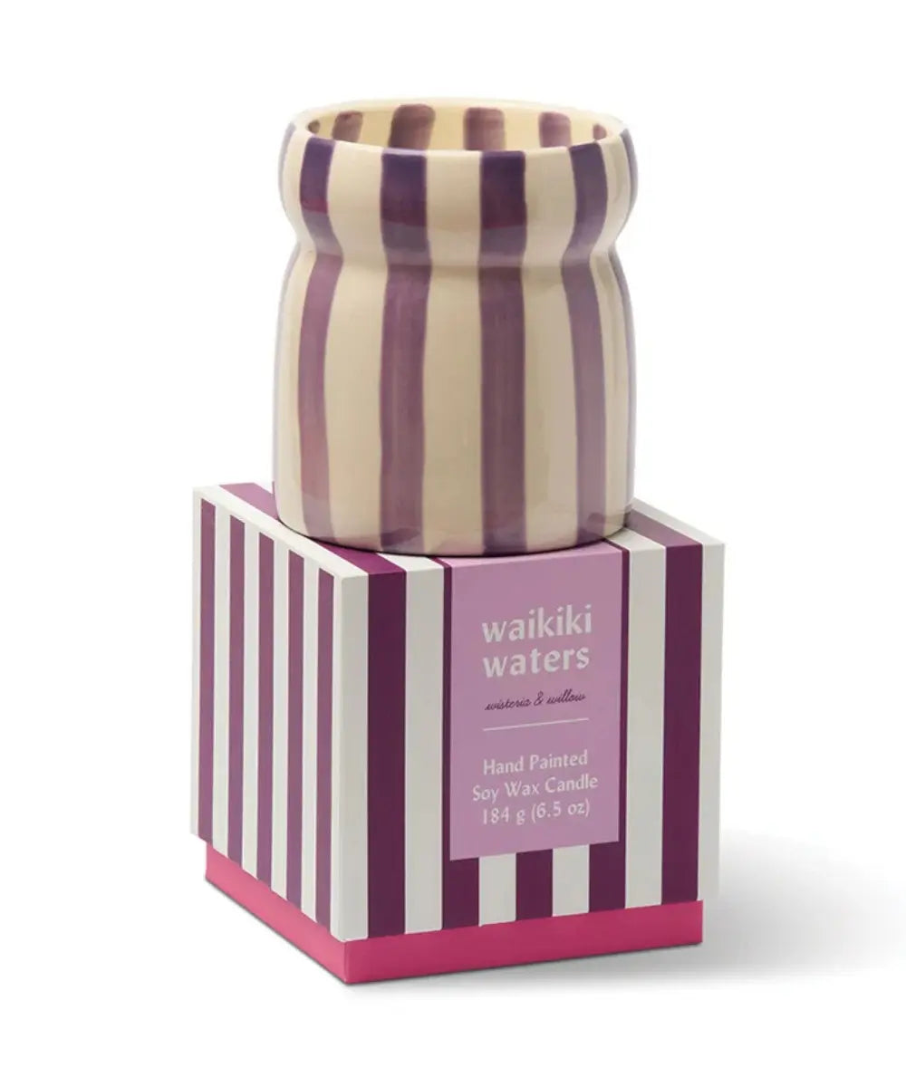 Bougie parfumee en ceramique rayee violet et blanc cabana waikiki waters par paddywax.