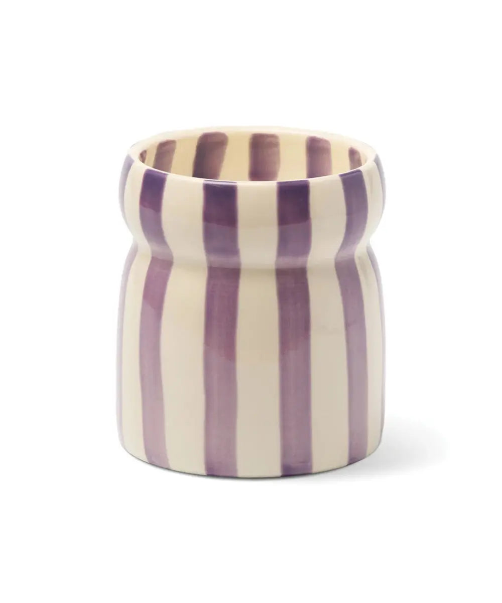 Bougie parfumee en ceramique rayee violet et blanc cabana waikiki waters par paddywax.