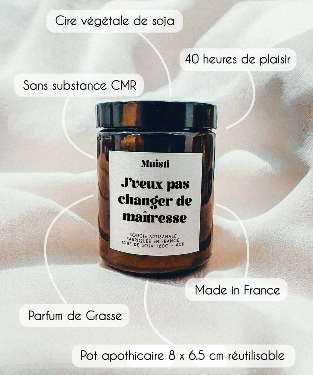Bougie J'veux pas changer de maîtresse Muisti et ses détails