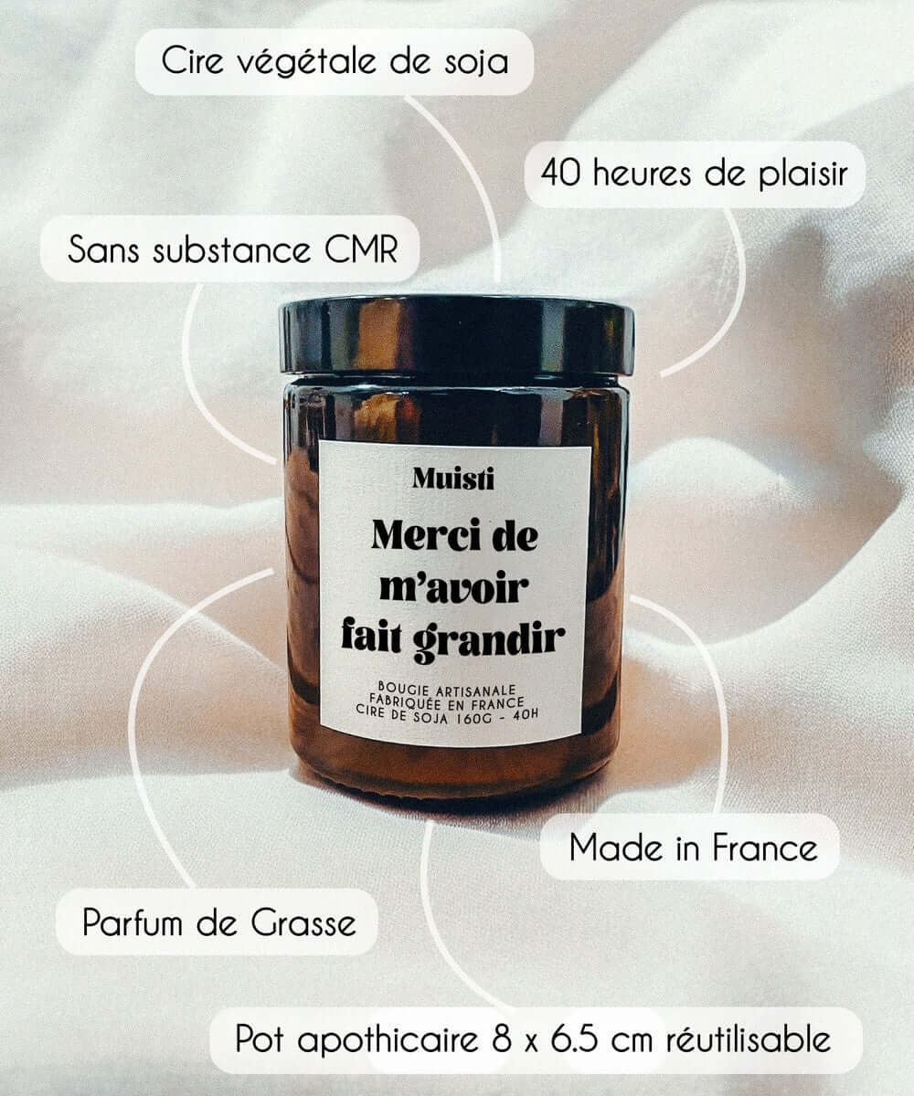 Bougie Merci de m'avoir fait grandir Muisti et ses détails