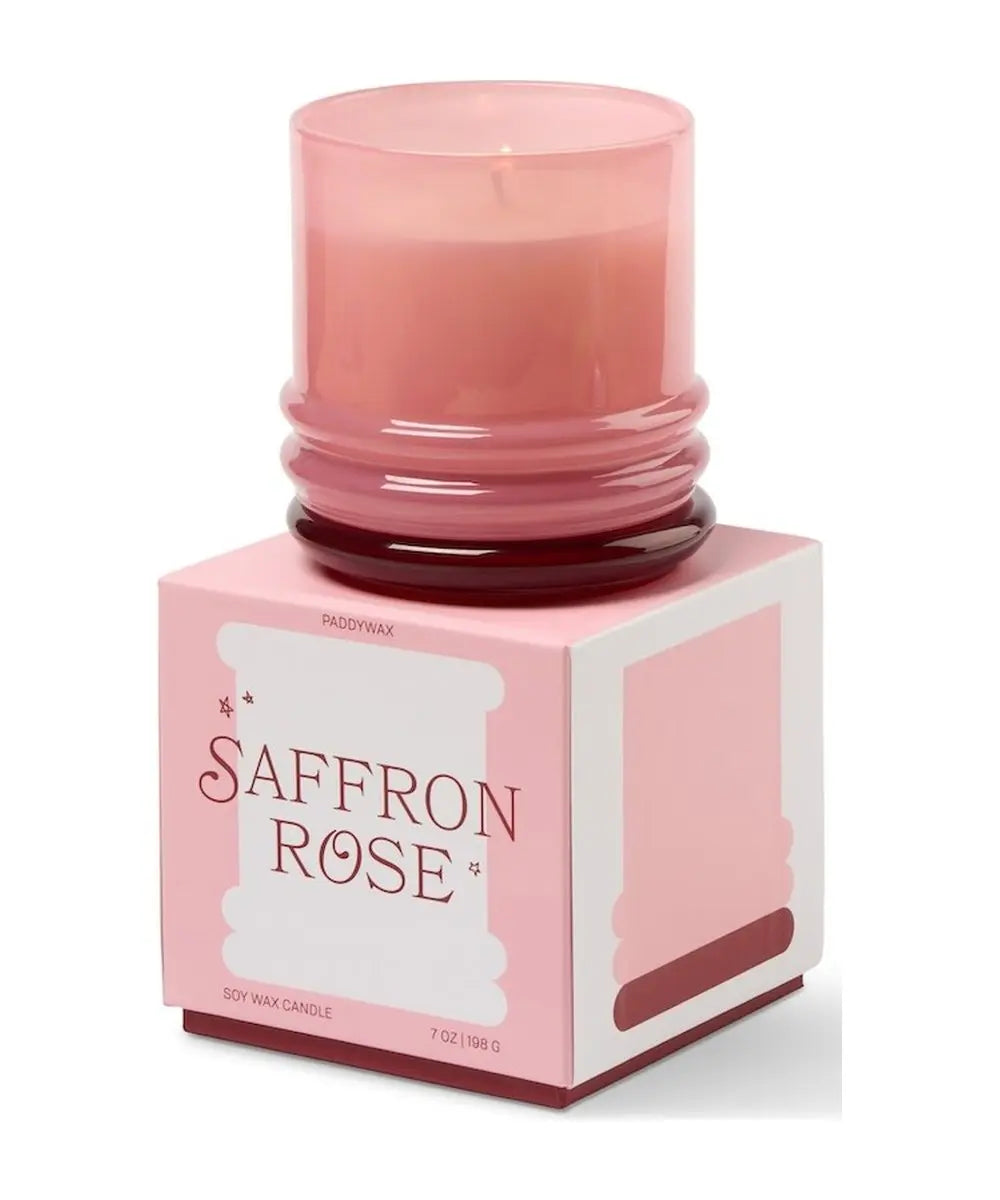 Bougie Stacked Saffron Rose Paddywax détail produit avec sa boîte cadeau