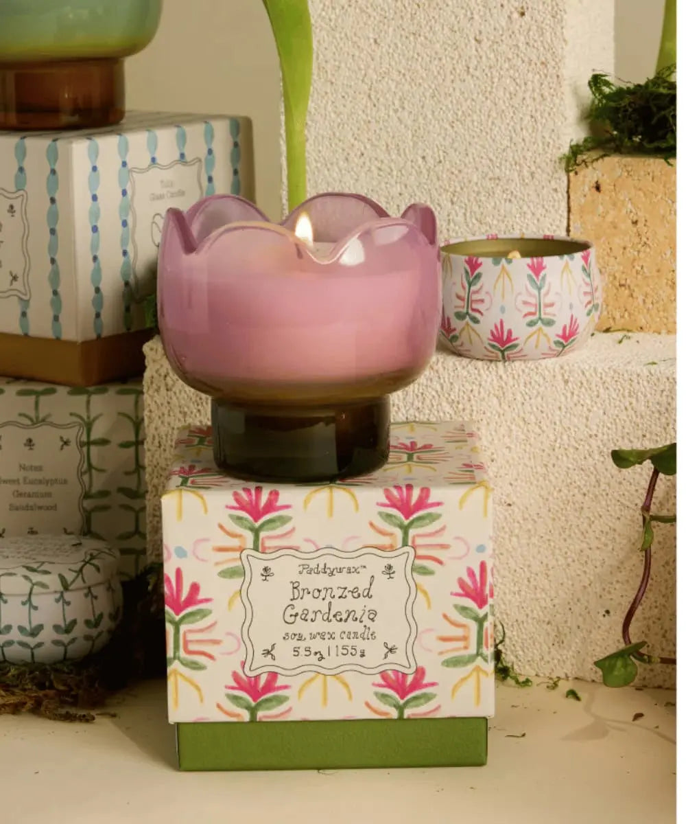 La bougie Tulip Gardenia Bronzed de Paddywax allumée