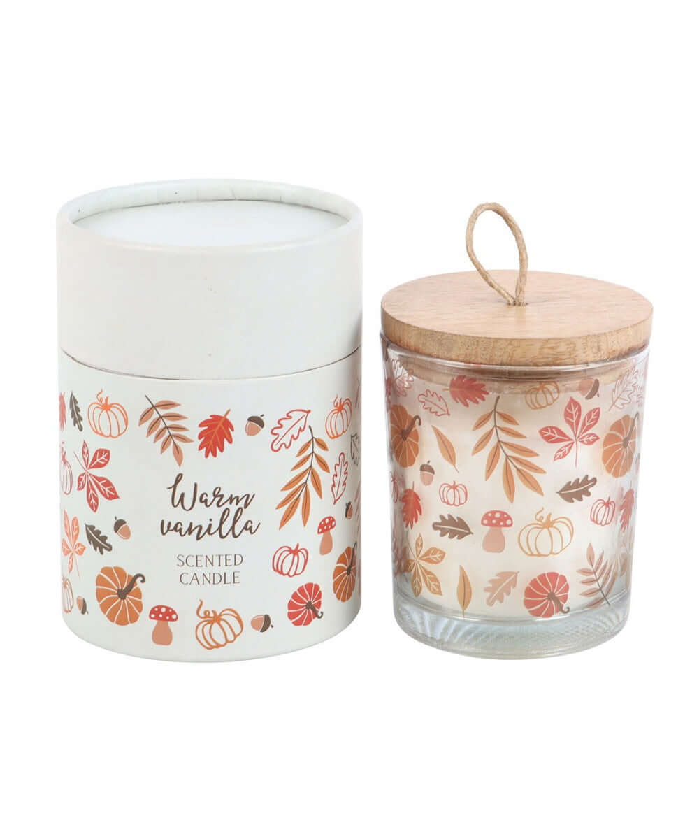 Bougie vanille Feuilles d'automne sélection Merci Léonie, sur fond blanc, vue de face