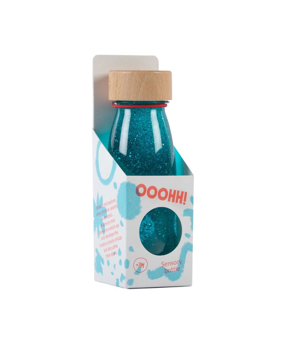 Bouteille sensorielle Float turquoise avec paillettes de Petit Boum