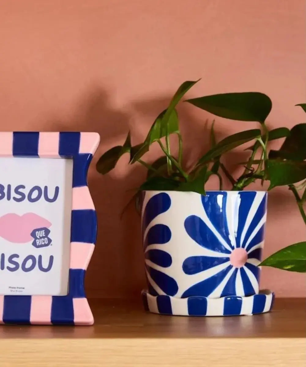 Cache-pot Lior Fiesta Flor posé sur une étagère et contenant une plante.