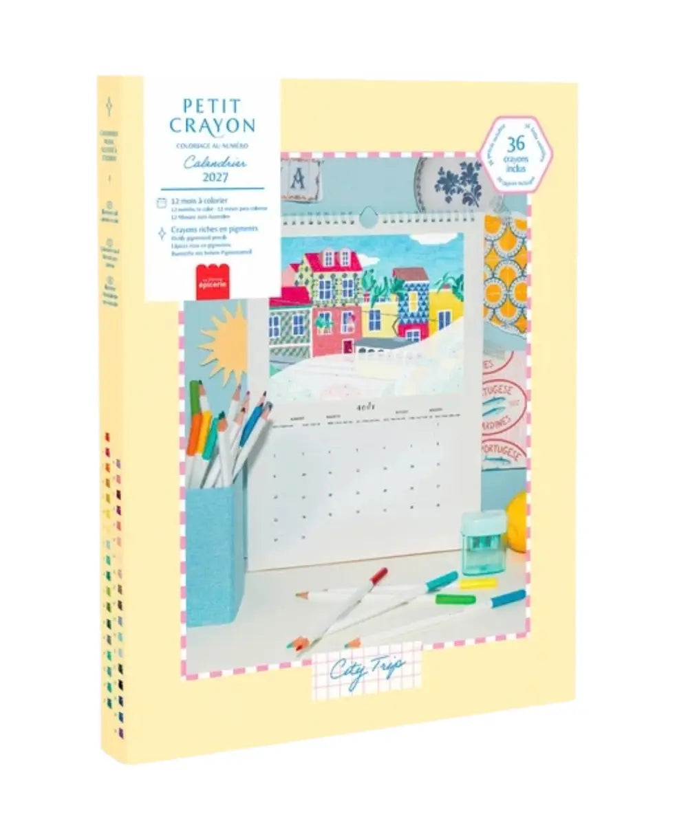 Calendrier a colorier 2027 petit crayon city trip la petite epicerie avec crayons de couleur.