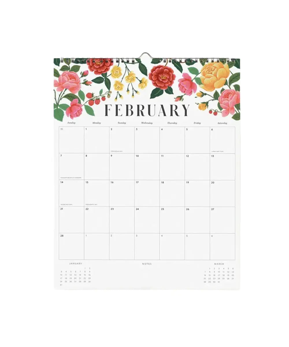 Calendrier mural 2027 floral rifle paper co a spirale avec illustrations de fleurs.