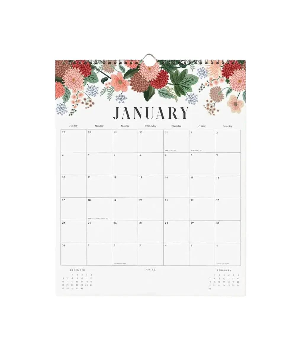 Calendrier mural 2027 floral rifle paper co a spirale avec illustrations de fleurs.