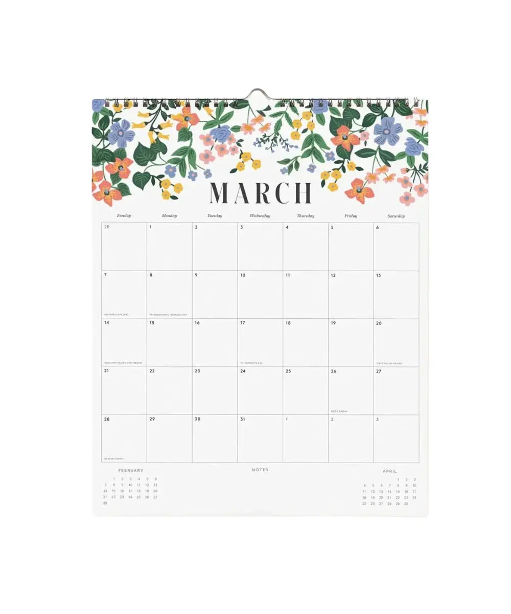 Calendrier mural 2027 floral rifle paper co a spirale avec illustrations de fleurs.