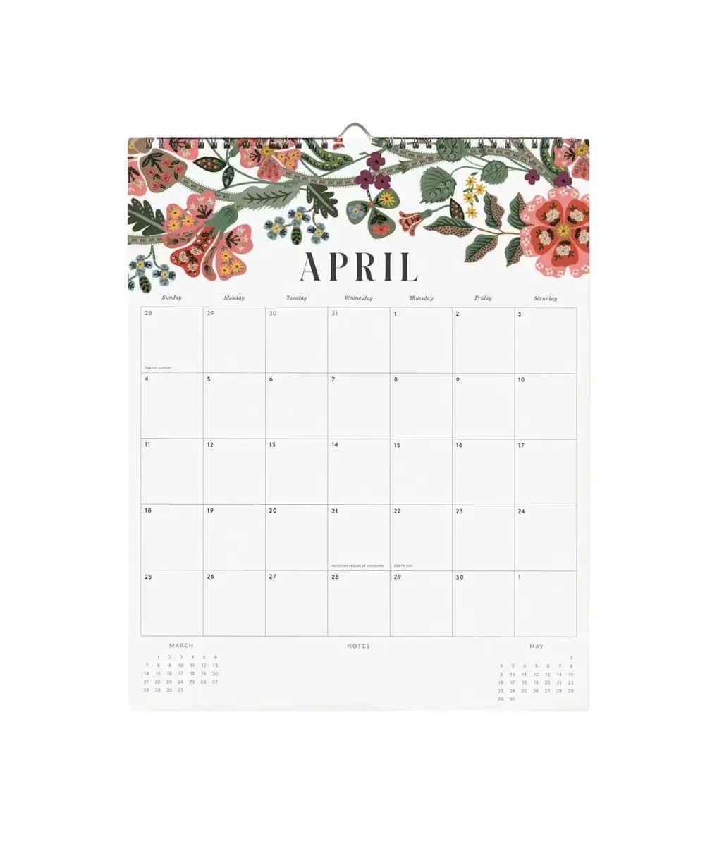Calendrier mural 2027 floral rifle paper co a spirale avec illustrations de fleurs.