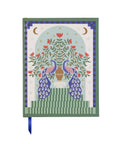 Carnet a couverture rigide illustre de paons adapo avec marque page en tissu.