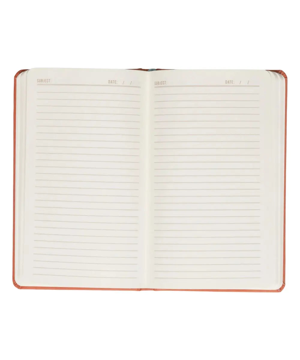 Carnet de notes en tissu terracotta avec couverture en toile et motifs celestes soleil.
