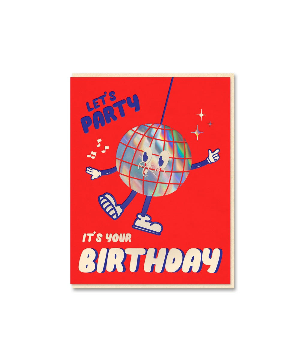 Carte d'anniversaire Disco Ball boule a facettes de la collection The oonies impression letterpress artisanale avec enveloppe colorée.